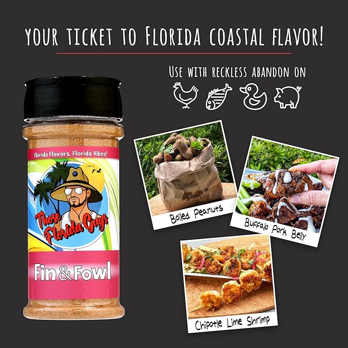 Fin & Fowl Spices & Rubs, 120g - Florida Coastal Blend of Zesty Citrus & Chipotle With Zero Sugar - Perfect sea Salt and Vinegar Seasoning for Chicken, Fish, Duck & More