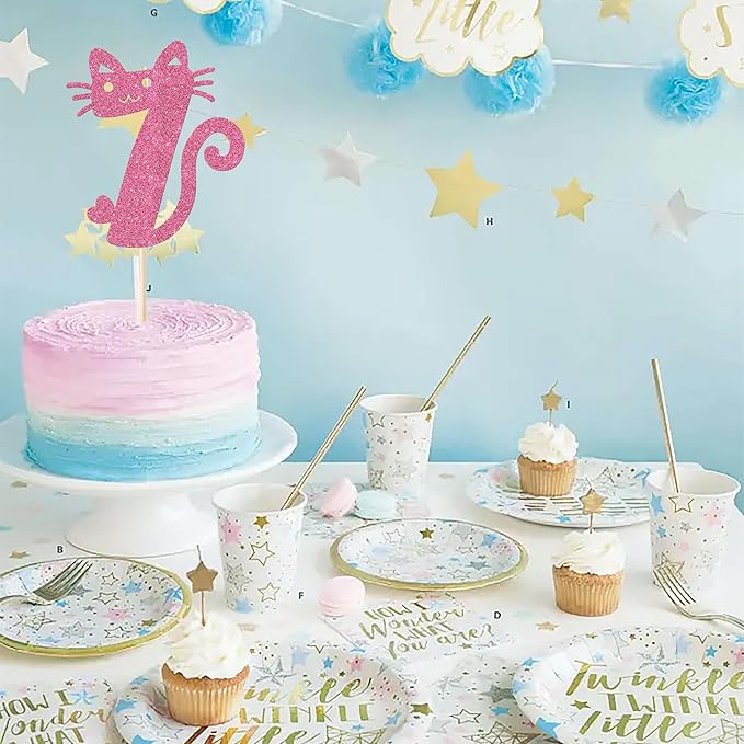 1 Pack 7th Cake Topper Glitter Cat Birthday Cake Pick Cute Pet Cat Cake Decoration for Cat Theme Baby Shower Kids Seven Birthday Wedding Party Cake Decorations Supplies Pink