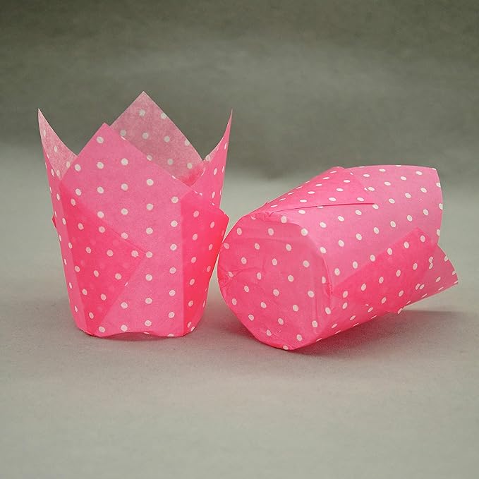 Large Muffin Greaseproof paper Baking cupcake cups, 2-1/4" x 4" Pink printed with Polka Dot Tulip Baking Cup(Large) (125pcs)