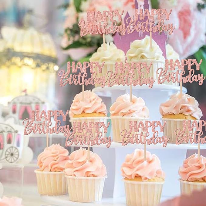 30 PCS Happy Birthday Cupcake Toppers Glitter Happy Birthday Cupcake Picks for Celebrating Birthday Anniversary Theme Party Cake Decorations Supplies Rose Gold