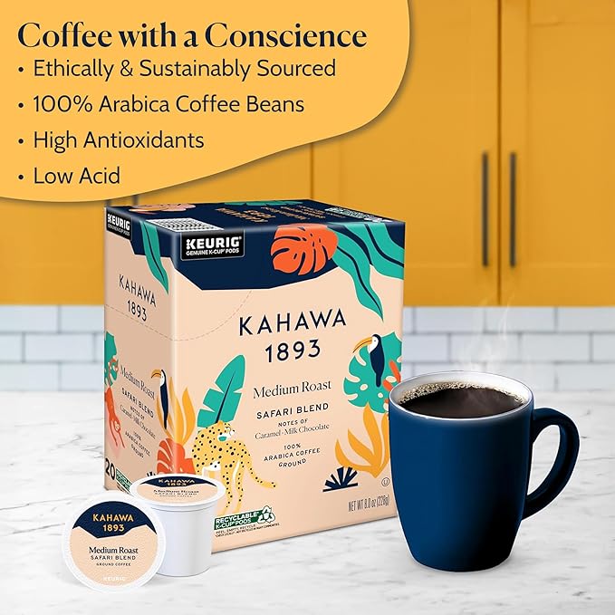 Kahawa 1893 Medium Roast Coffee K-Cup Pods Safari Blend (20 Count) - As Seen on Shark Tank, High Antioxidants, Naturally Sweet, Organically Grown & Cultivated, Ethically & Sustainably Sourced