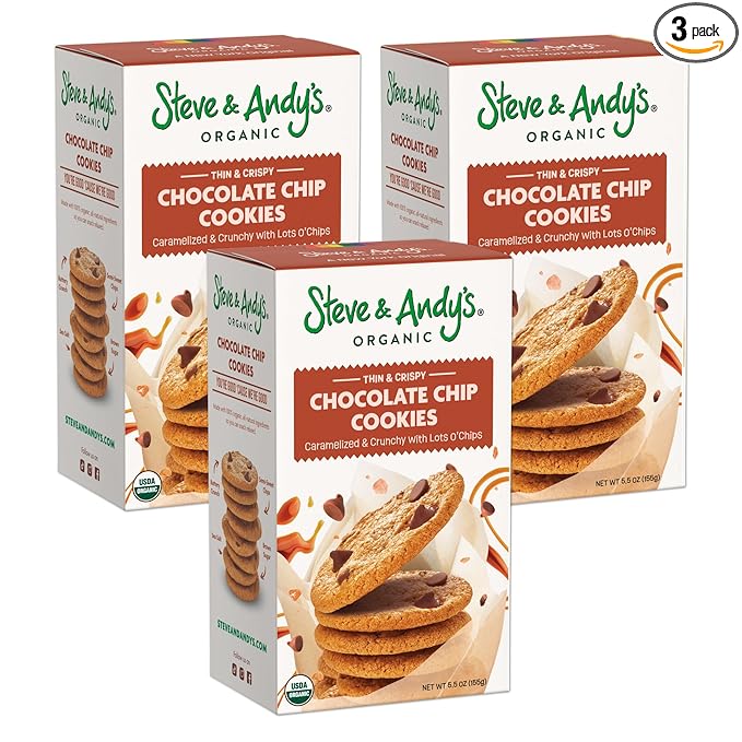 ?œSteve & Andy?™s Thin & Crispy Scrumptious Chocolate Chip Cookies - Organic & Gluten Free, Non-Gmo, Nut Free, Wheat Free, Soy Free - 3 Boxes,16.5 Oz (30 Cookies)