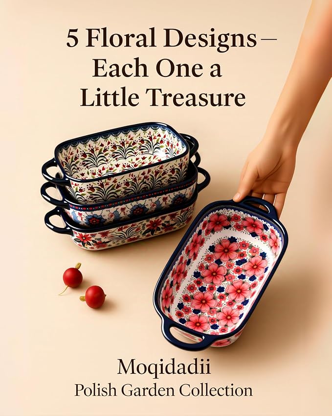 Ceramic Baking Dish Set of 2 ??Decorative Polish Pottery Style Casserole Dishes with Handles, Cute Oven-Safe Lasagna Bakeware Gift Set