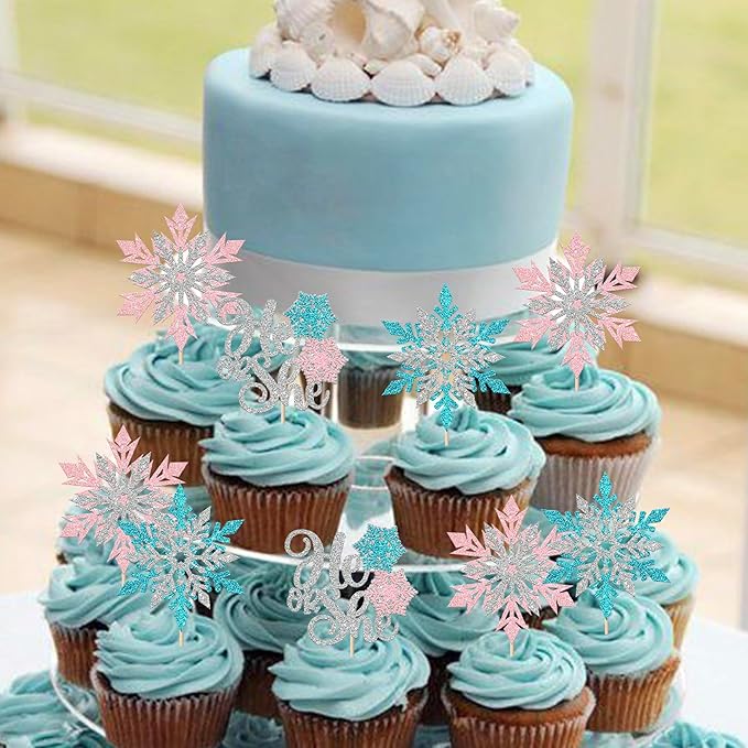Rsstarxi 24 Pack Snowflake Gender Reveal Cupcake Toppers Pink Blue Glitter He or She Cupcake Picks Winter Snowflake Cake Decorations for Winter Wonderland Birthday Baby Shower Party Supplies