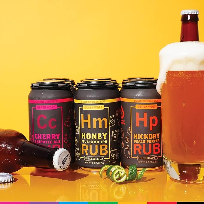Spiceology ??Derek Wolf Beer-Infused BBQ Rub Set ??Cherry Chipotle Ale, Honey Mustard IPA, Hickory Peach Porter, Imperial Coffee Stout, Jalapeño Lime Pilsner & Mesquite Peppercorn Lager ??6 Pack