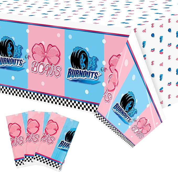 3Pcs Burnouts or Bows Gender Reveal Tablecloth Boy or Girl Plastic Table Cover He or She Party Decorations Supplies for Baby Shower Baby Gender Reveal Birthday Dessert Buffet Banquet Table Decor