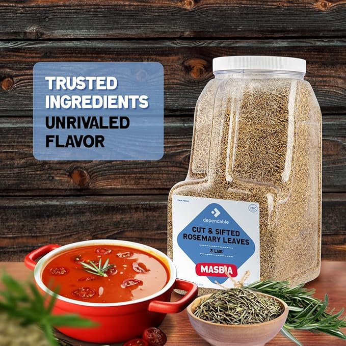 Dependable Food Rosemary Leaves Cut & Sifted - 3 Lb. Jar - Bulk, Kosher, Rosemary Herb for Chefs, Restaurants & Culinary Enthusiasts - Non-GMO, Gluten-Free Seasoning Perfect for Roasted Meats, Poultry, Vegetables & Savory Baked Goods