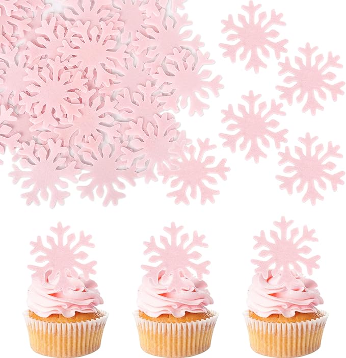 50 PCS Pink Edible Snowflake Cupcake Toppers Edible Snowflakes Cupcake Picks Wafer Paper Frozen Cake Toppers for Christmas Winter Frozen Theme Baby Shower Birthday Party Cake Decorations Supplies