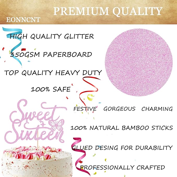 Sweet Sixteen Cake Topper - Pink Glitter Butterfly Theme Sweet 16 Birthday Cake Decorating Supplies for Girls, Sweet 16 Cake Topper for Happy 16th Birthday Anniversary Party Supplies Photo Booth Props