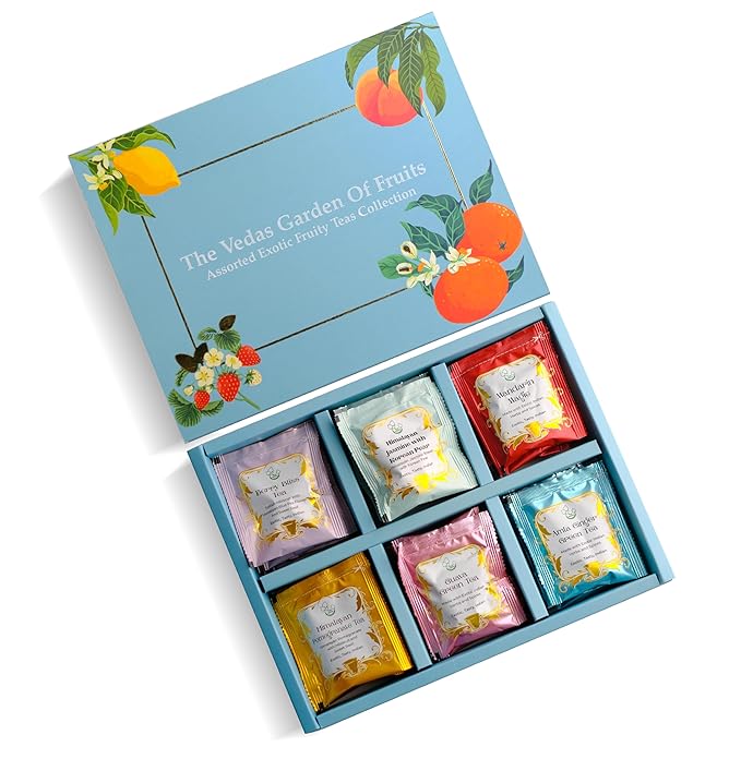 The Vedas Garden of fruits tea gift set | 6 Different varities | Handstitched Cotton teabags | Total 24 teabags