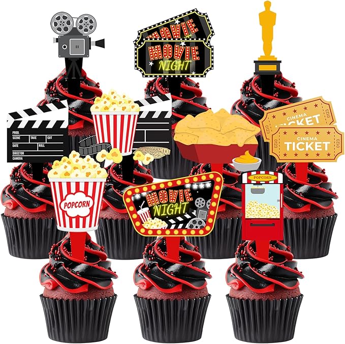 40 Pcs Movie Night Cupcake Toppers - Perfect Party Decorations for Birthdays, Hollywood Baby Showers, and Themed Cakes