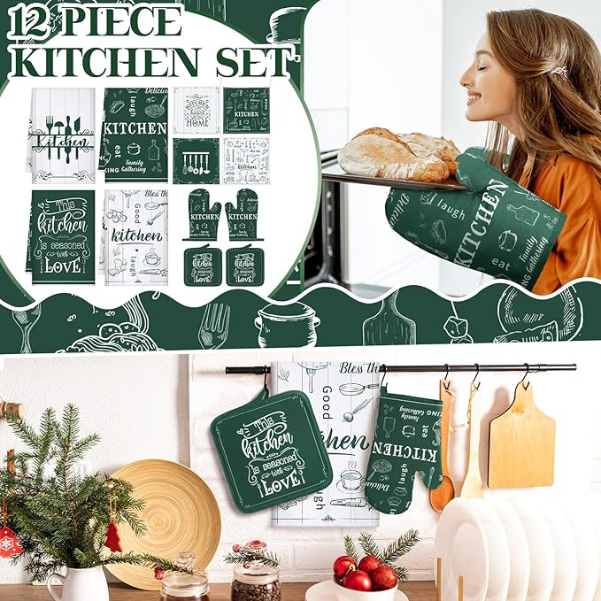 Bencailor 12 Pcs Farmhouse Kitchen Decor Sets, 8 Green Kitchen Dish Towels 2 Pot Holders 2 Oven Mitts Glove, Rustic Hand Towels and Dishcloths Sets for Home Decorations Accessories Christmas Mom Gifts