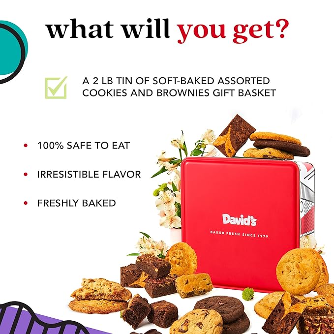 David?™s Cookies Gourmet Assorted Cookies and Brownies Gift Basket - 12 x 1.5oz fresh baked cookies and 10 x 2oz individually wrapped brownies - Great for Sharing, Ideal Gift for All Special Occasions