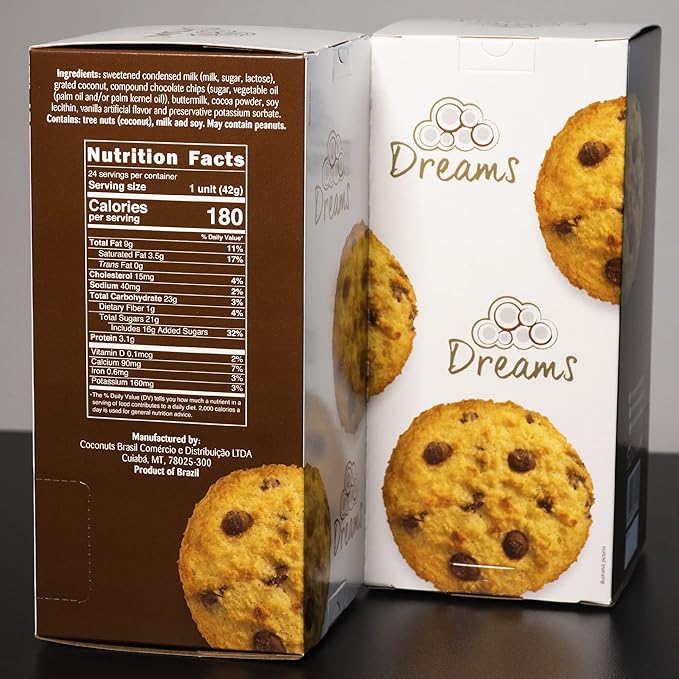 Coconut Cookie with Compound Chocolate Chips – Vegan Snacks, Gluten-Free, Protein and Nutrient Packed – DREAMS COCONUT – 1 box with 24 units (x 1.48oz/42g), 35.52oz/ 1008g
