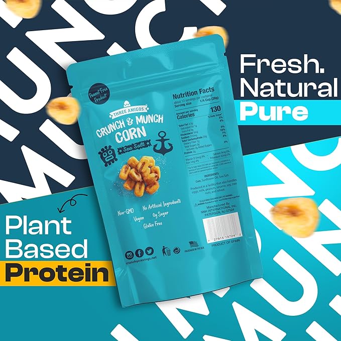 Three Amigos Corn Nuts Suger Free, 100% Vagan, Peanut Free Non-GMO (All Natural Ingredients) Guilt-Free snacking Toasted Corn Kernels in Reseable Bag - Crunchy & Munch Snack (12 OZ) (12 oz, Sea Salt)