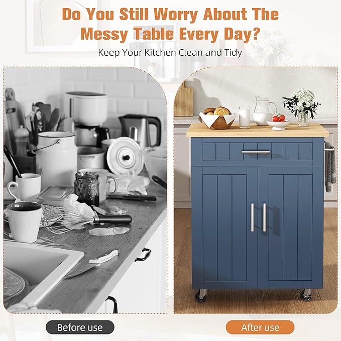 Shintenchi Kitchen Island cart with Storage, Portable Bar Cabinet on Wheels, Rolling Microwave Cart Side Table with Workstation for Kitchen, Dinning Room, Blue
