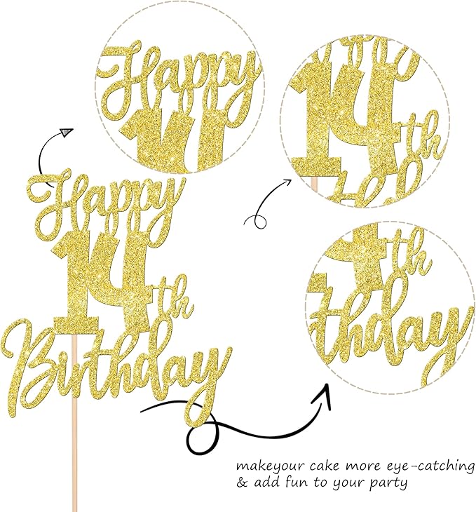1 PCS Happy 14th Birthday Cake Topper Glitter Cheers to 14 Years Birthday Cake Pick Fourteen Hello 14 Fabulous Cake Decoration for Happy 14th Birthday Anniversary Party Decorations Supplies Gold