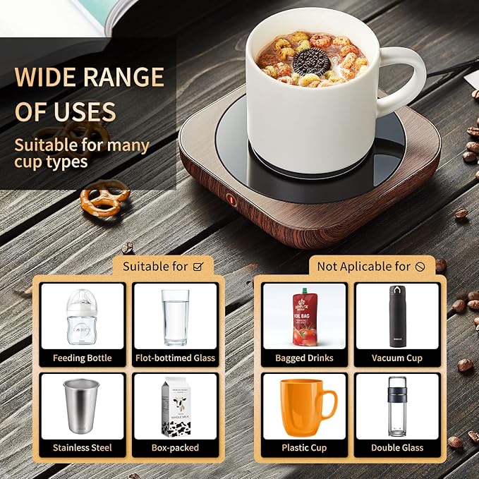 Coffee Mug Warmer with Auto Shut Off, 3 Temperature Settings, Brown Wood Grain Design, Electric Beverage Heater with Borosilicate Glass Panel, 54-Inch Cord, Fits Mugs, Teapots, and Cups