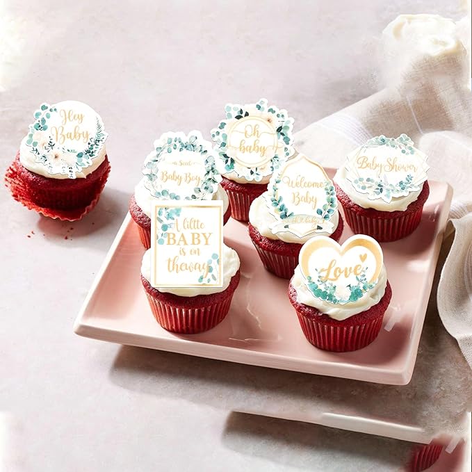 64 PCS Edible Oh Baby Cupcake Toppers Wafer Paper Love Baby Shower Cake Decorations Edible Baby in Bloom Welcome Baby Boy Cupcake Picks for Baby Shower Boys Birthday Party Decorations Supplies