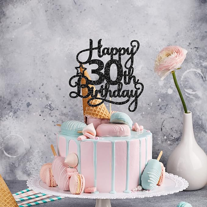 1 Pack Happy 30th Birthday Cake Topper Black Glitter 30 & Fabulous Cheers to 30 Years Old 30th Birthday Cake Pick for Celebrating 30th Birthday Anniversary Party Cake Decorations Supplies
