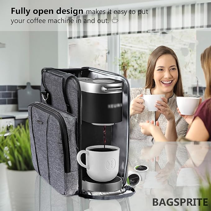 BAGSPRITE Travel Coffee Maker Bag for Keurig K-Slim, Single Serve Coffee Brewer Carrying Case, Portable Travel Coffee Maker Storage Case with Pockets for K-Cup Pods (Full Open Design Patent Pending)