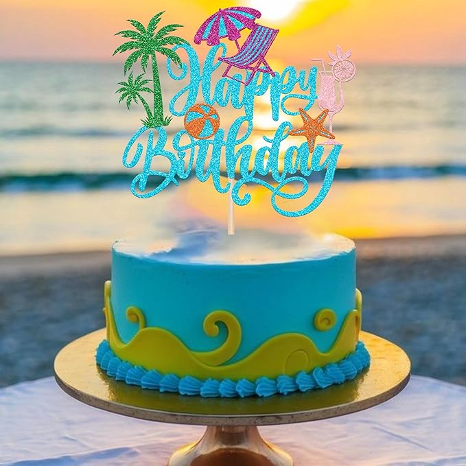 Rsstarxi 1 Pack Summer Beach Happy Birthday Cake Topper Pool Birthday Cake Decorations Chair Ball Cupcake Picks for Hawaiian Holiday Baby Shower Party Decorations Blue