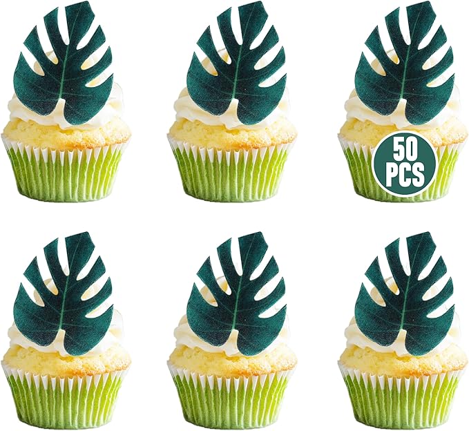 50 PCS Edible Tropical Palm Leaves Cupcake Toppers Wafer Paper Turtle Leaf Cupcake Picks Edible Leaves Cake Decorations for Hawaii Aloha Jungle Theme Baby Shower Summer Birthday Cake Decor Supplies