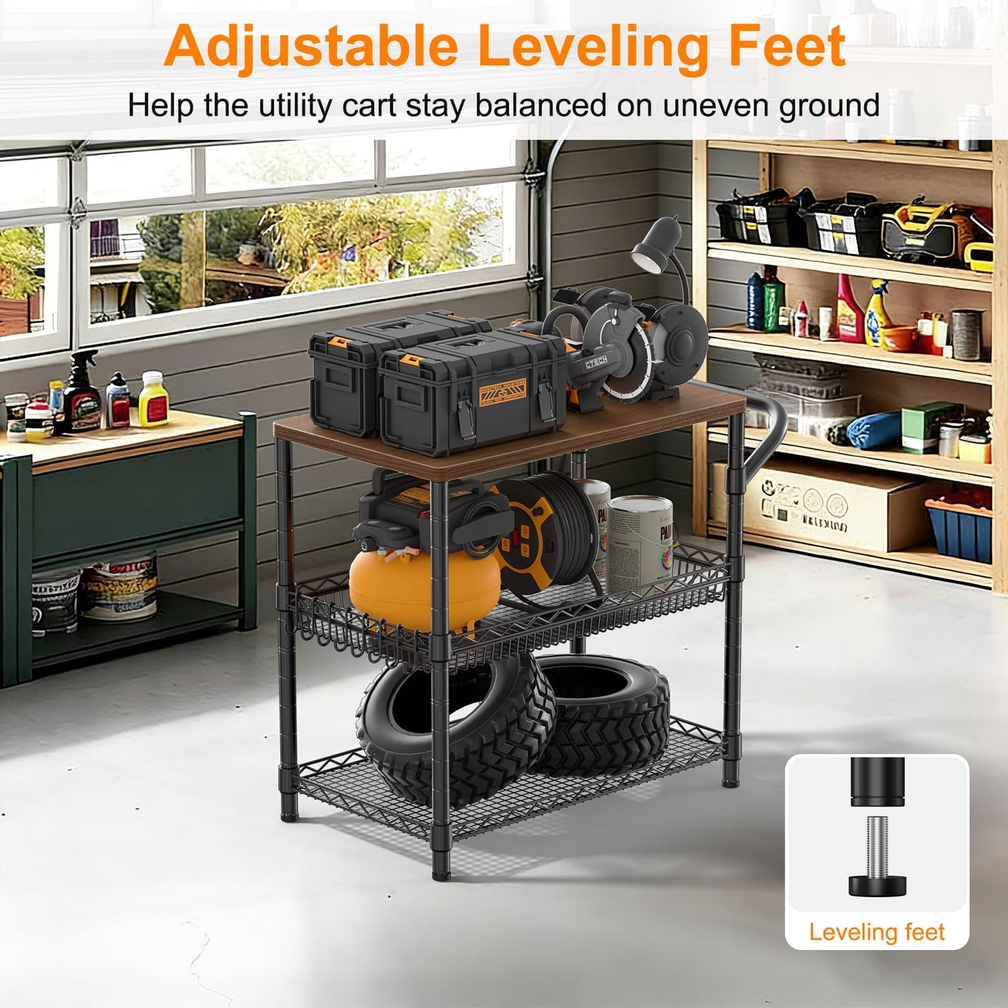 NTE Rolling Kitchen Carts on Wheels, 650Lbs Capacity 3 Tier Utility Cart with Wood Tabletop