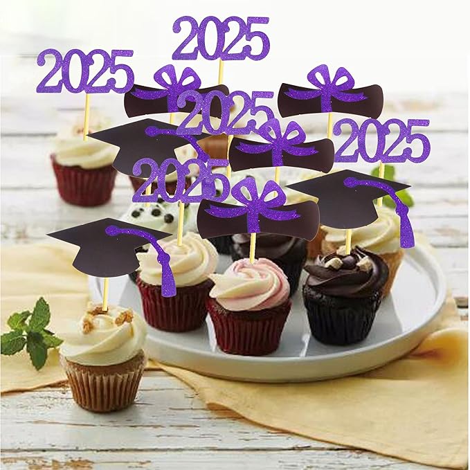 2025 Graduation Cupcake Toppers, 48 PCS Food/Appetizer Picks For Graduation Party Mini Cake Decorations, Diploma, 2025, Grad Cap Set 48 Pieces (05 Purple)