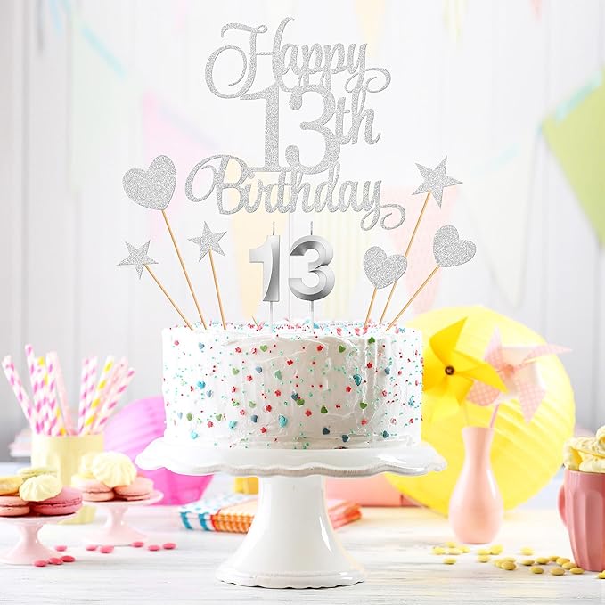 13th Birthday Cake Decorations, 13th Birthday Candles Cake Numeral Candles and Glitter Happy 13th Birthday Cake Toppers Set for Birthday Party Supplies (Silver)