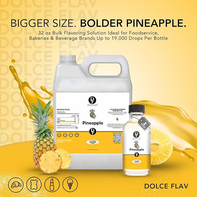 Dolce Flav Pineapple Extract ??1 Gallon Oil-Soluble Kosher, Sugar-Free, Concentrated Tropical Flavor for Candy, Chocolates & Desserts, Includes Measured Dropper