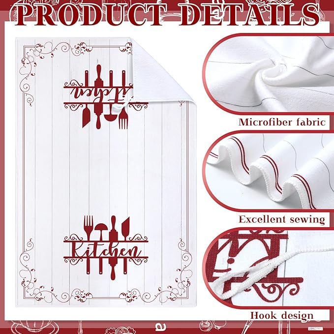 Bencailor 12 Pcs Farmhouse Kitchen Decor Sets, 8 Red Kitchen Dish Towels 2 Pot Holders 2 Oven Mitts Glove, Rustic Hand Towels and Dishcloths Sets for Home Decorations Accessories Christmas Mom Gifts