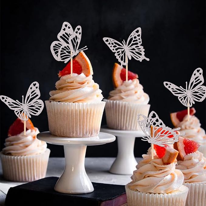 Rsstarxi 24 Pack Butterfly Cupcake Toppers Glitter Assembled Hollow Butterfly Baby Shower Cupcake Picks Wedding Engagement Bridal Shower Kids Birthday Party Cake Decorations Supplies Silver