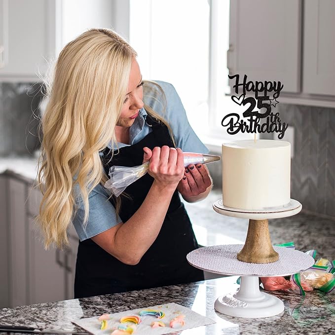 1 Pack Happy 25th Birthday Cake Topper Glitter Heart Star 25 Fabulous Cake Pick Birthday Sign Cake Decorations for Children 25th Birthday Theme Party Supplies Black