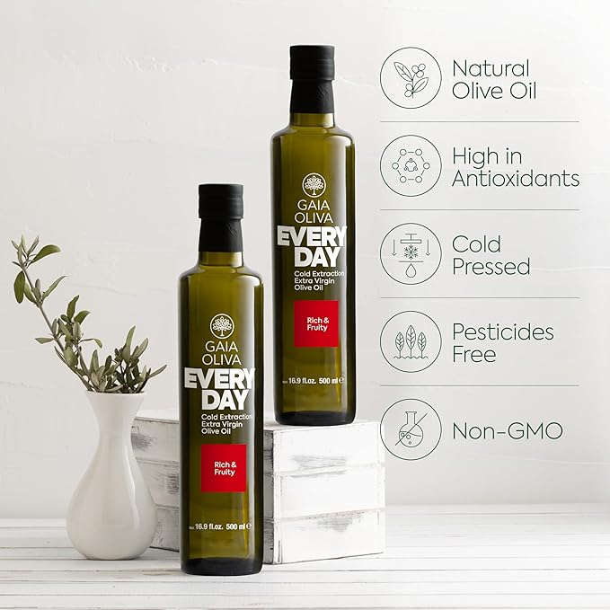 Gaia Oliva Everyday Extra Virgin Olive Oil ??Cold Pressed, Unrefined, Single Estate, Trilye Olives, Low Acidity, Dark Glass Bottle, 100% Extra Virgin, Product of Turkey, New Harvest, Polyphenol-Rich, High Antioxidants