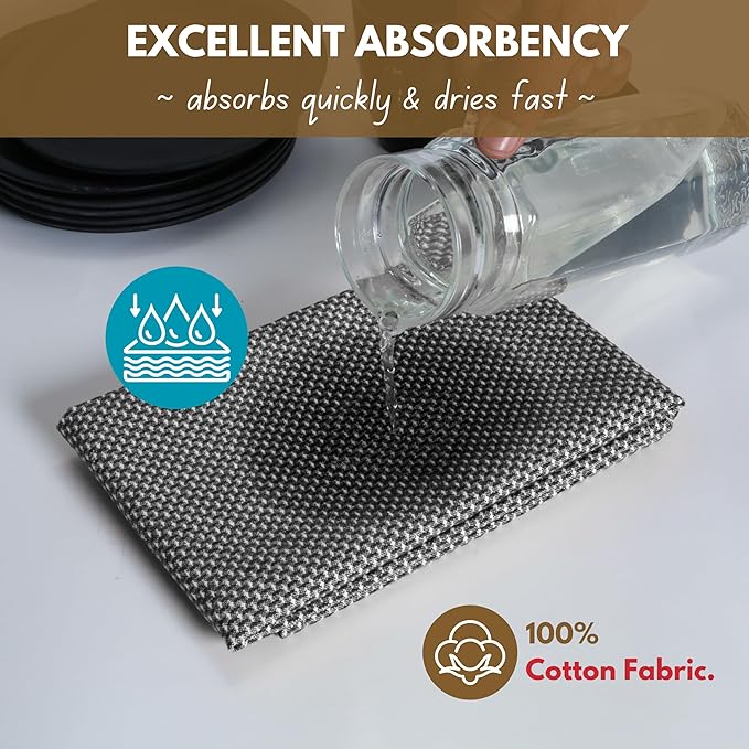 Native Fab 4 Pack Dotted Pattern Kitchen Dish Towels Cotton Super Absorbent Quick Drying Reusable 18x26 Inches - Bar Hand Towels, Kitchen Cleaning Towels with Hanging Loop, Black