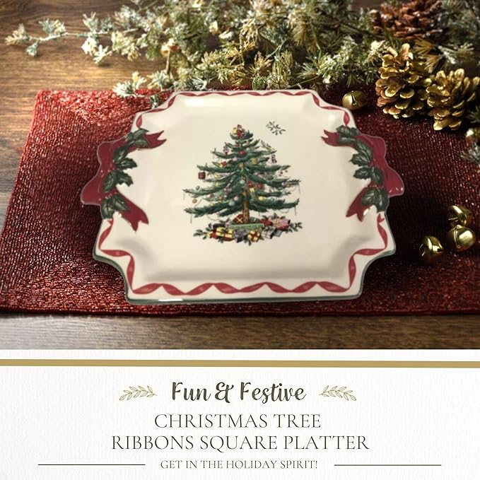 Spode Christmas Tree Ribbons Square Platter with Bow Handles - 11-Inch Holiday Serving Plate for Desserts, Appetizers, and Treats - Festive Christmas Dinnerware with Gold Accents - Dishwasher Safe