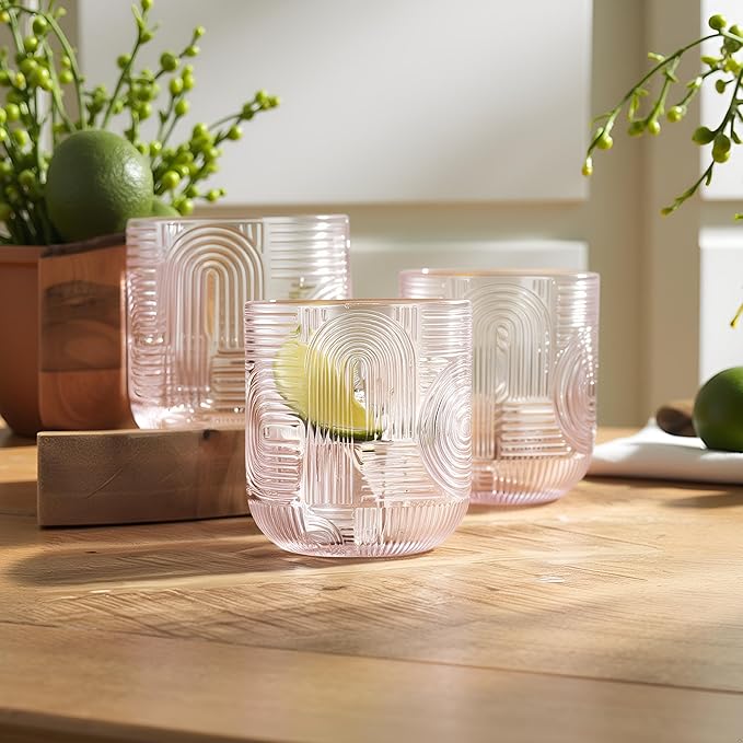 Glaver's Whiskey Glasses Set of 4 Double Old Fashioned 13 oz. Rock Glases, Pink Embossed Art Deco New Designed, Modern Vintage Drinking Glassware For Home Bar Whisky Bourbon Scotch