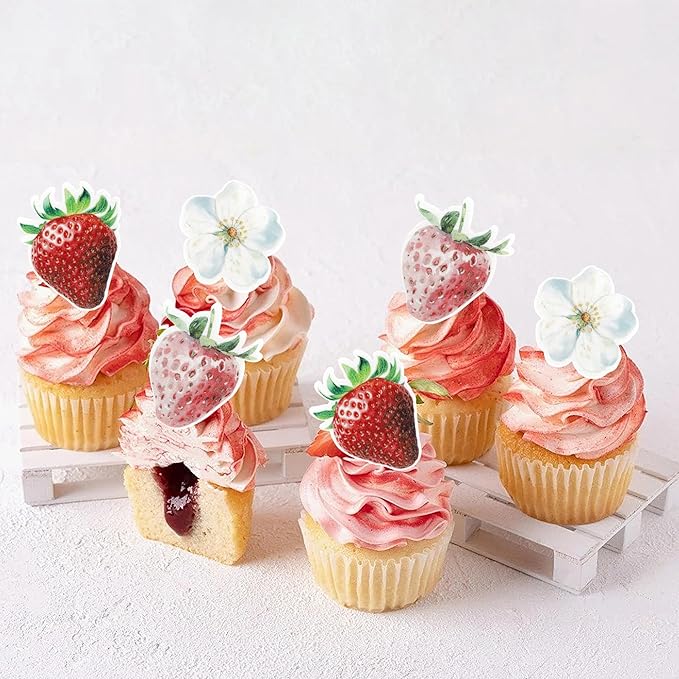 60 Pack Edible Sweet Strawberry Flower Cupcake Toppers First Birthday Strawberry Flower Cake Toppers Rice Paper Wafer Paper Cake Picks for Fruit 1st Berry Sweet Kids Birthday Cake Decorations