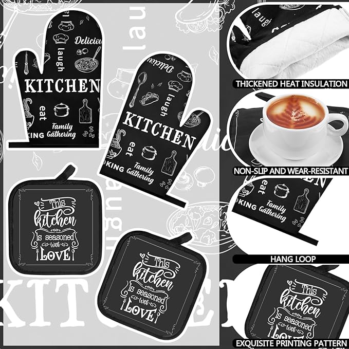 Bencailor 12 Pcs Farmhouse Kitchen Decor Sets, 8 Black Kitchen Dish Towels 2 Pot Holders 2 Oven Mitts Glove, Rustic Hand Towels and Dishcloths Sets for Home Decorations Accessories Christmas Mom Gifts