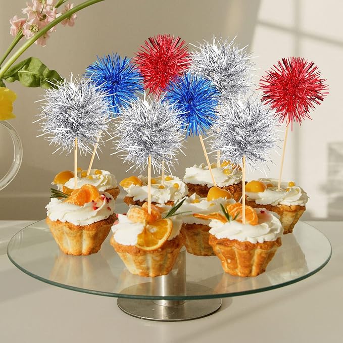 Chinco 100 Pcs Foil Firework Cupcake Toppers Sparkle Tinsel Cake Toppers Cake Decoration Cocktail Fruit Toothpick for Birthday Wedding Graduation Party(Silver, Red, Blue)