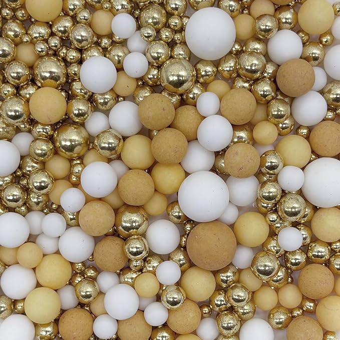 Dynastang Mixed Size Light Brown & Gold & White Pearls Sprinkles Edible Pearls Cake Decorating Pearls Cake Decorations Cupcake Toppers Decorating Perfect for Cakes, Cupcakes, Desserts 3OZ