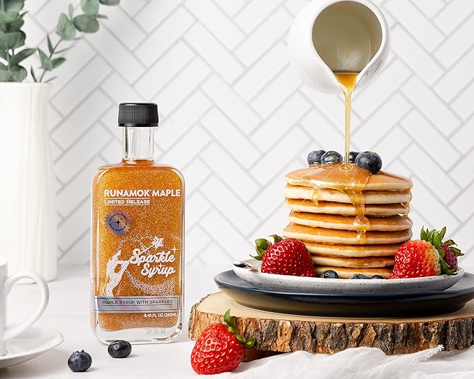 Runamok Sparkle Syrup - Maple Syrup Infused with Edible Sparkles, Perfect Pancake Syrup, Fun Vermont Maple Syrup for Beverages, Fresh Fruit & Dessert Toppings | 8.45 Fl Oz (250mL)