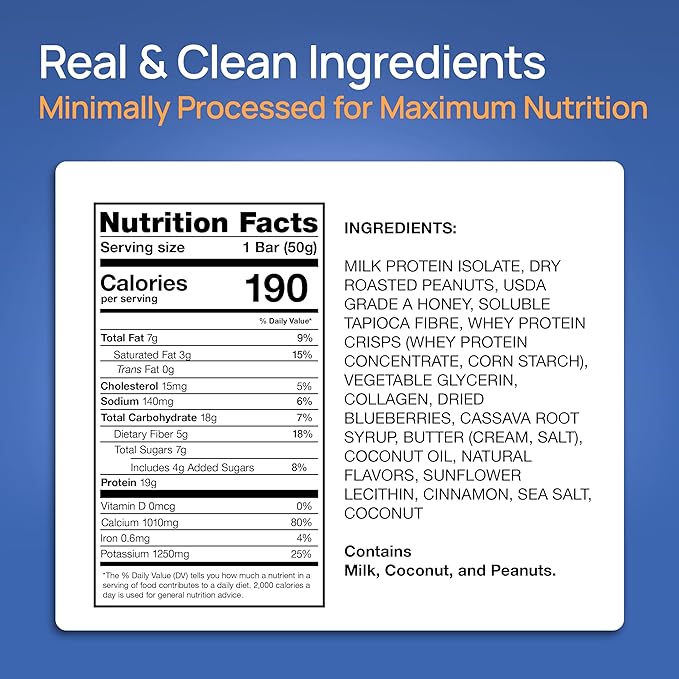 ProGo Protein Bars, Low Sugar, High Protein Snacks (19g) - 95% Pure Isolate for Faster Muscle Growth & Recovery, Low Calorie, Sweetened w/Peanut Butter & Honey (20-Count, Blueberry Coconut)