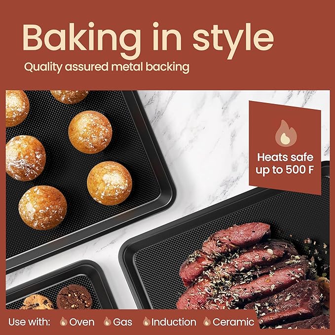 Diamond Bottom Cookie Sheet Set of 2, Nonstick Gold Carbon Steel Baking Pans for Crisp Baking, Space-Saving Stackable Trays, PFOA, PFOS, PTFE Free, Oven Safe Up to 450°F, Small & Medium Pans