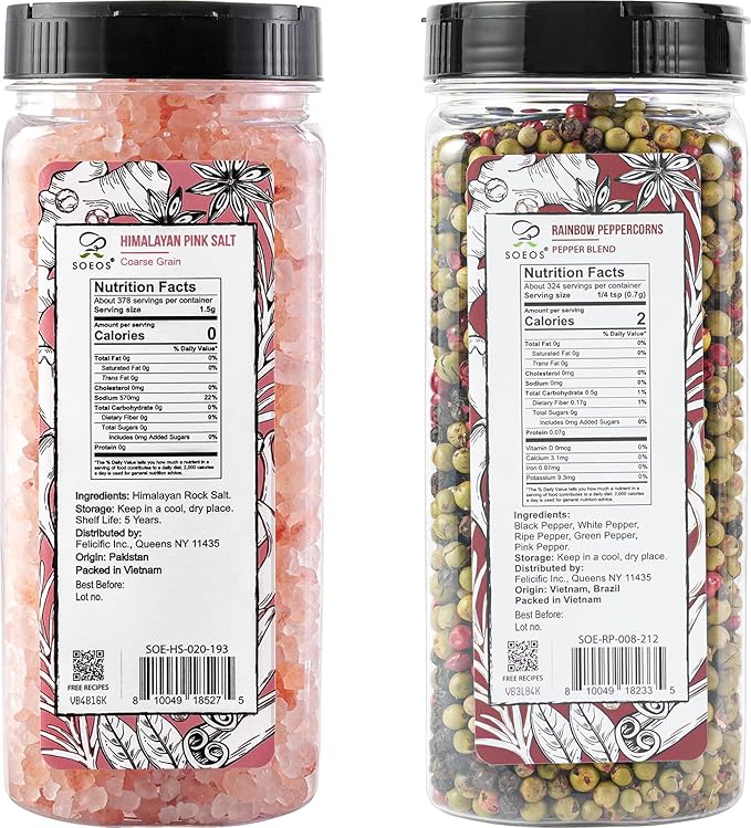 Soeos Himalayan Pink Salt and Rainbow Peppercorn Grinder Refills, 18oz Salt & 8oz Peppercorns, Kosher Seasoning Set for Cooking
