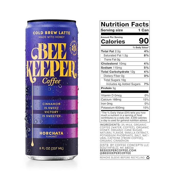 Beekeeper Coffee Cold Brew Horchata Latte with Oregon Honey, 8 fl oz cans (Pack of 12), Ready-to-Drink, Cinnamon Vanilla Flavor