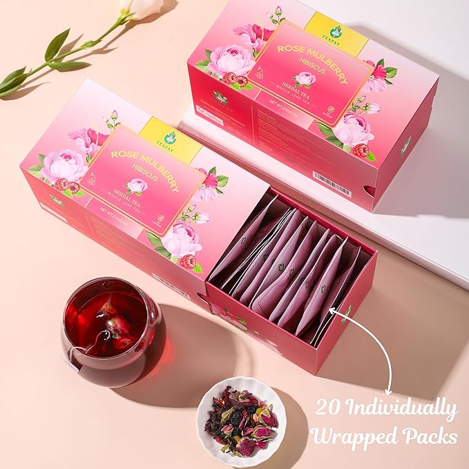 TEAFAY Hibiscus Tea with Rose and Mulberry ??20 Count (40 Cups), 100% Natural, Handpicked, Whole Leaf Pyramid Tea Bags, Individually Wrapped, Caffeine-Free