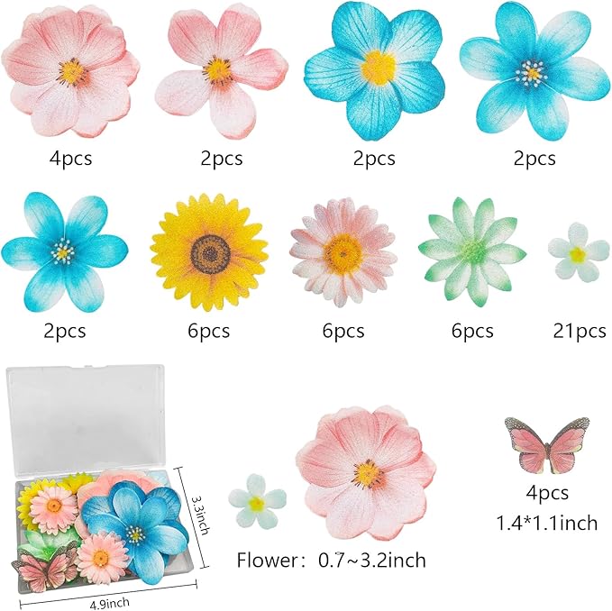 Morofme 55pcs Edible Flower Butterflies Cake Topper Wafer Paper Flower Cupcake Toppers Hawaiian Flower Cake Decorations Mixed Size for Tropical Luau Themed Birthday Baby Shower Party Supplies
