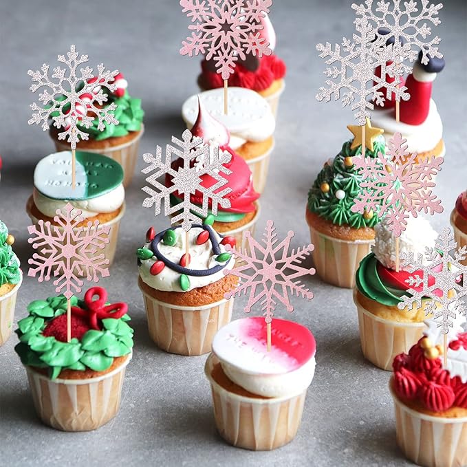 36 PCS Snowflake Cupcake Toppers Glitter Winter Frozen Theme Cupcake Picks Little Snowflake Cake Decorations for Winter Wonderland Baby Shower Kids Birthday Christmas Party Supplies Silver Pink